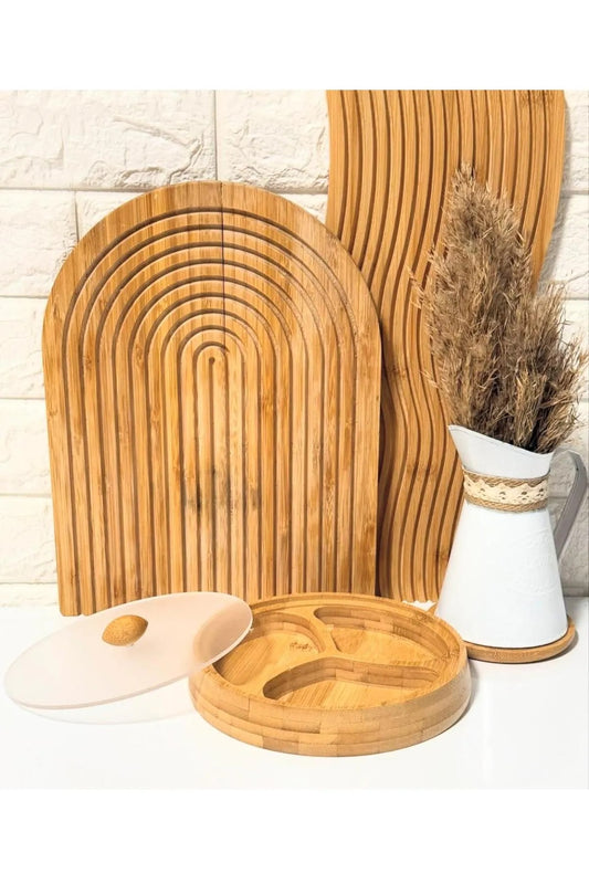 Bamboo Round Compartment Cookie Holder & Breakfast Serving Plate - High Quality Glass Lid (19x19x3 cm)
