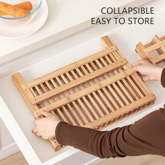 Bamboo Folding 2-Tier Collapsible Drainer Dish Drying Rack with Utensils Flatware Holder Set (Dish Rack with Utensil Holder)
