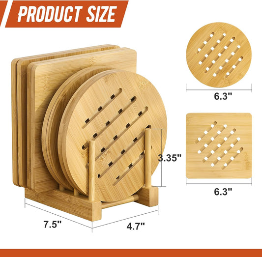 Bamboo Trivet with Stand -Heat Resistant Pot Holders for Kitchen,Multi-Purpose Hot Pads,Hot Plate Mats,Medium Stove Mat-Air Fryer Accessories and Trivets for Hot Dishes,4 PCS