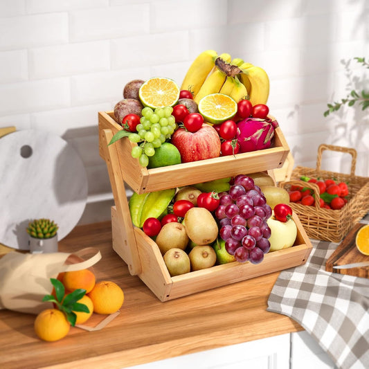 Large Bamboo Fruit Basket, 2-Tier Fruit Bowl for Kitchen Counter, Vegetable Storage Stand for Fruit Shop, 15 mm Thickness (Self-assembly)