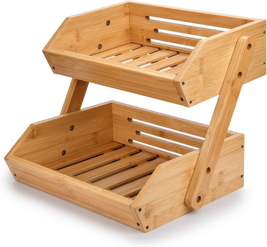 Large Bamboo Fruit Basket, 2-Tier Fruit Bowl for Kitchen Counter, Vegetable Storage Stand for Fruit Shop, 15 mm Thickness (Self-assembly)