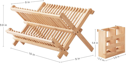 Bamboo Folding 2-Tier Collapsible Drainer Dish Drying Rack with Utensils Flatware Holder Set (Dish Rack with Utensil Holder)
