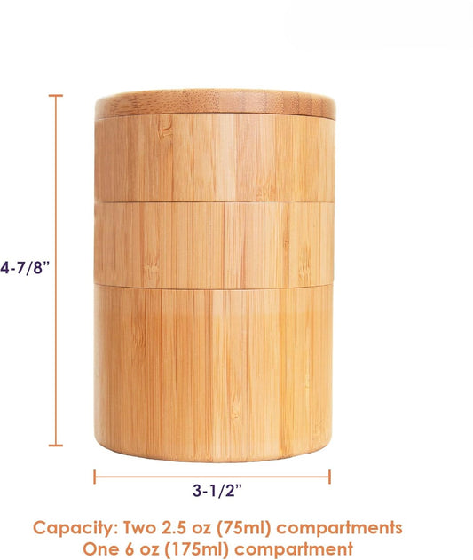 Bamboo Triple Salt Cellar, 3 Tier Bamboo Kitchen Salt and Pepper Storage Box with Magnetic Swivel Lids