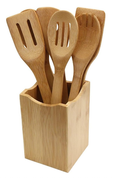 7-Piece Bamboo Kitchen Utensil Set with Holder – Eco-Friendly, 100% Organic Bamboo Wooden Cooking Spoons, Spatula, Ladle, Turner & Pasta Server with Ergonomic Handles