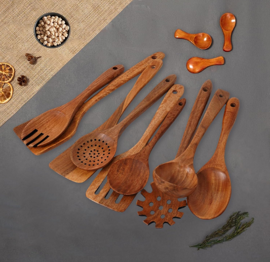 Wood Kitchen Utensils Set Of 9 - Natural Cooking Tools With Spatula, Spoon And Colander, Eco-Friendly Teak appliances