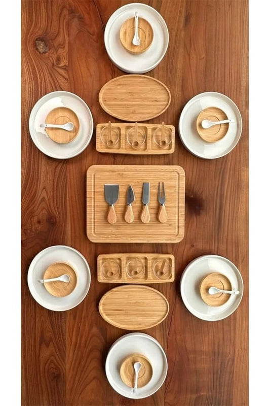 6 Person 39 Piece Ceramic - Bamboo Breakfast Set - Luxury Breakfast Presentation Set